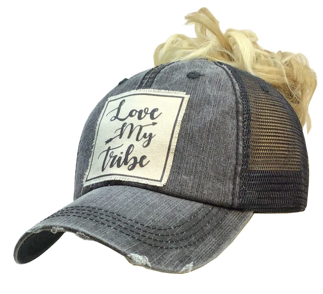 "Love My Tribe" Distressed Trucker Ponytail Hat